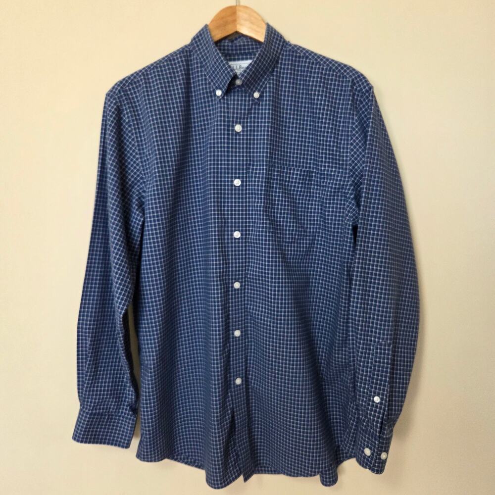 L.L. Bean Men's M-Reg Button-Down Long Sleeve Shirt Blue White Micro Check